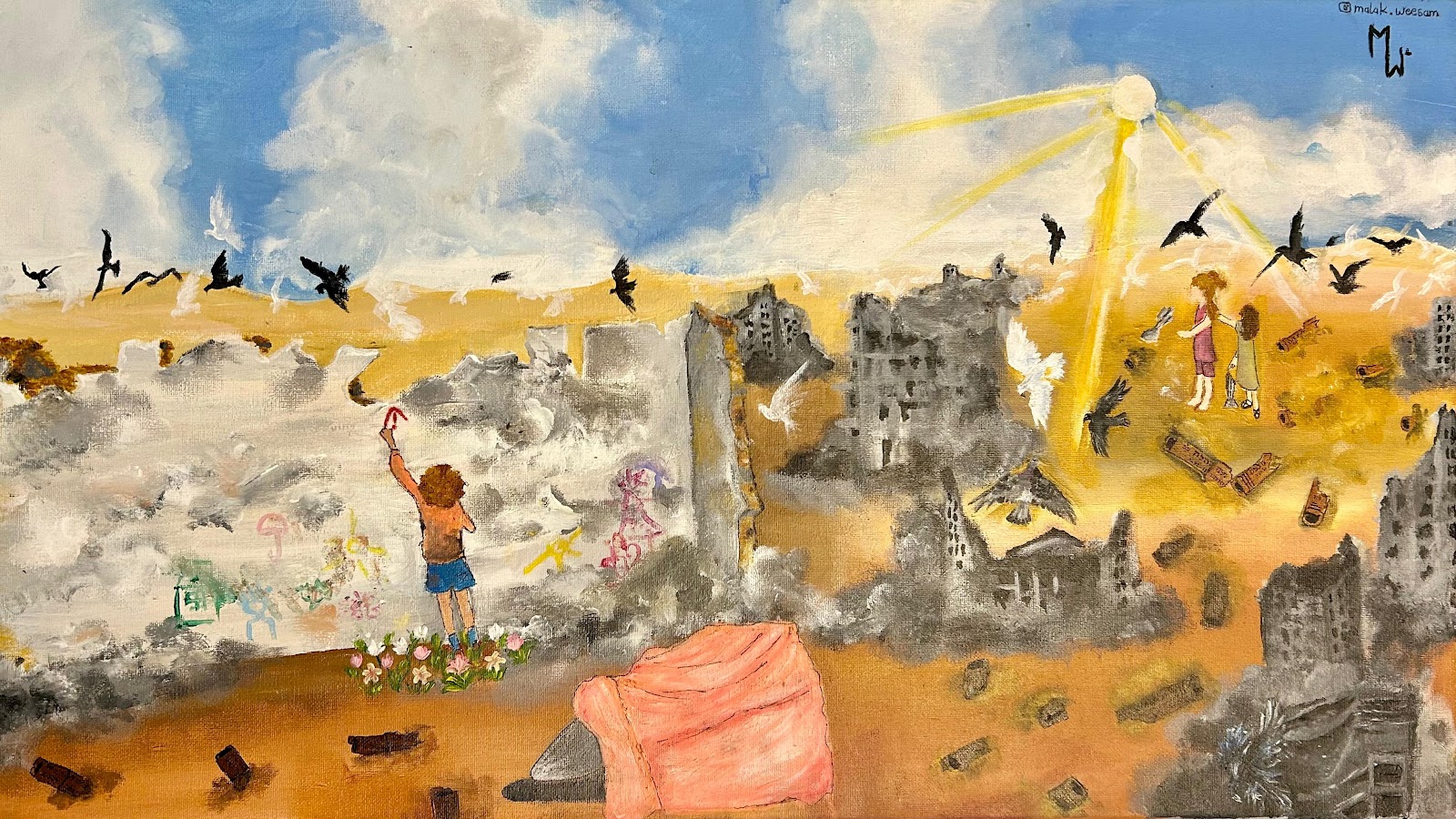 Painting by Malak Jadalah, a young artist in Gaza.