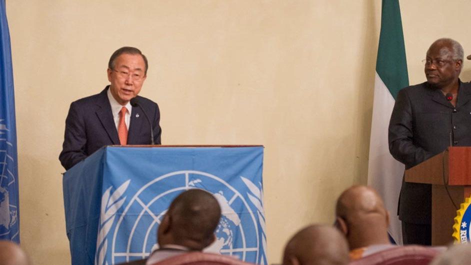 Secretary-General Ban Ki-moon (left) addresses a joint press conference with President Ernest Bai Koroma of Sierra Leone.