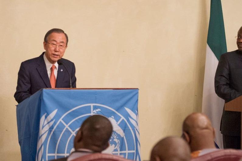 Secretary-General Ban Ki-moon (left) addresses a joint press conference with President Ernest Bai Koroma of Sierra Leone.