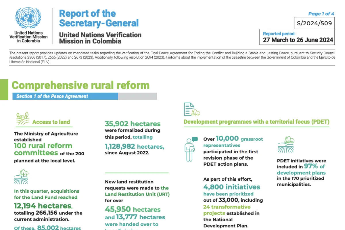 Infographic Report of the Secretary-General on the UN Verification Mission in Colombia. S/2024/509