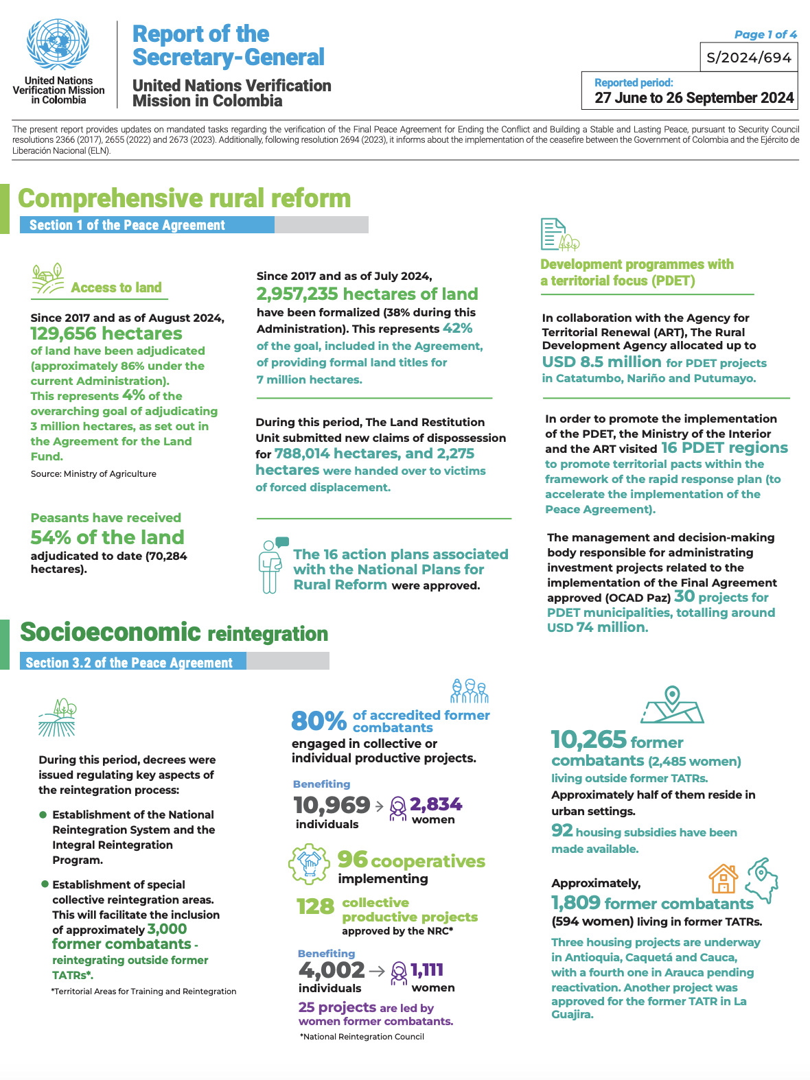 Infographic Report of the Secretary-General on the UN Verification Mission in Colombia. S/2024/694