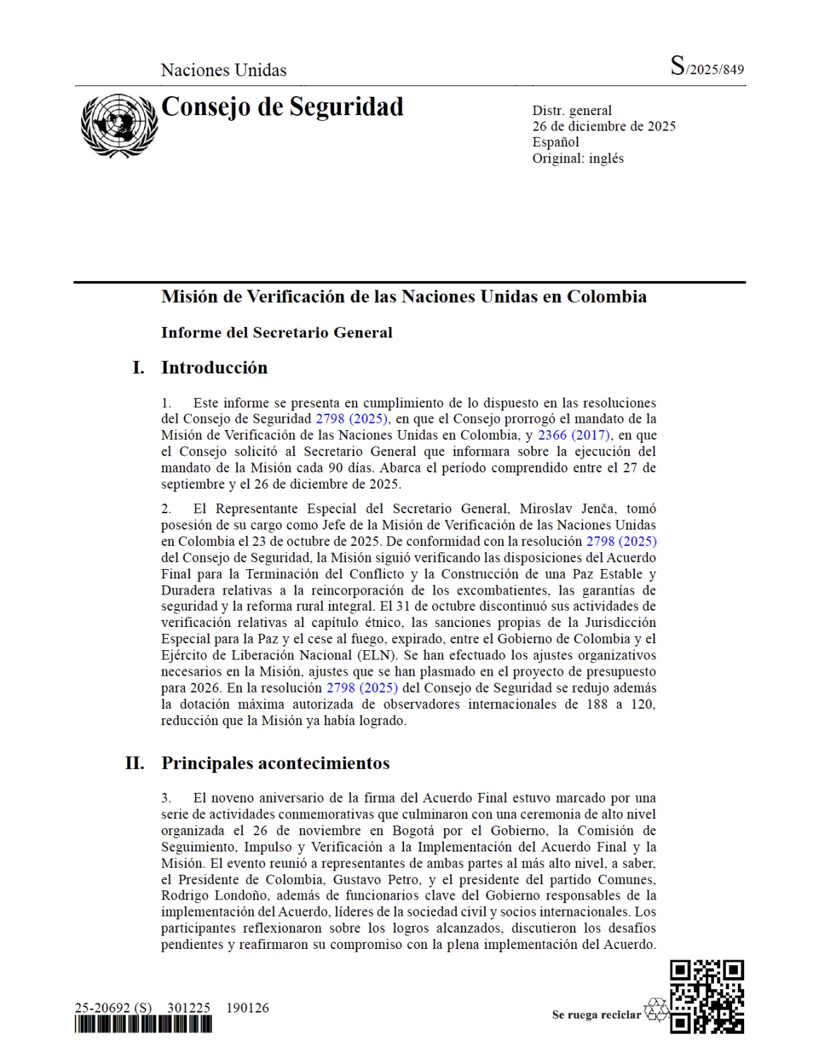  Informe Trimestral del Secretario General sobre la Misión de Verificación de la ONU en Colombia S/2025/849
