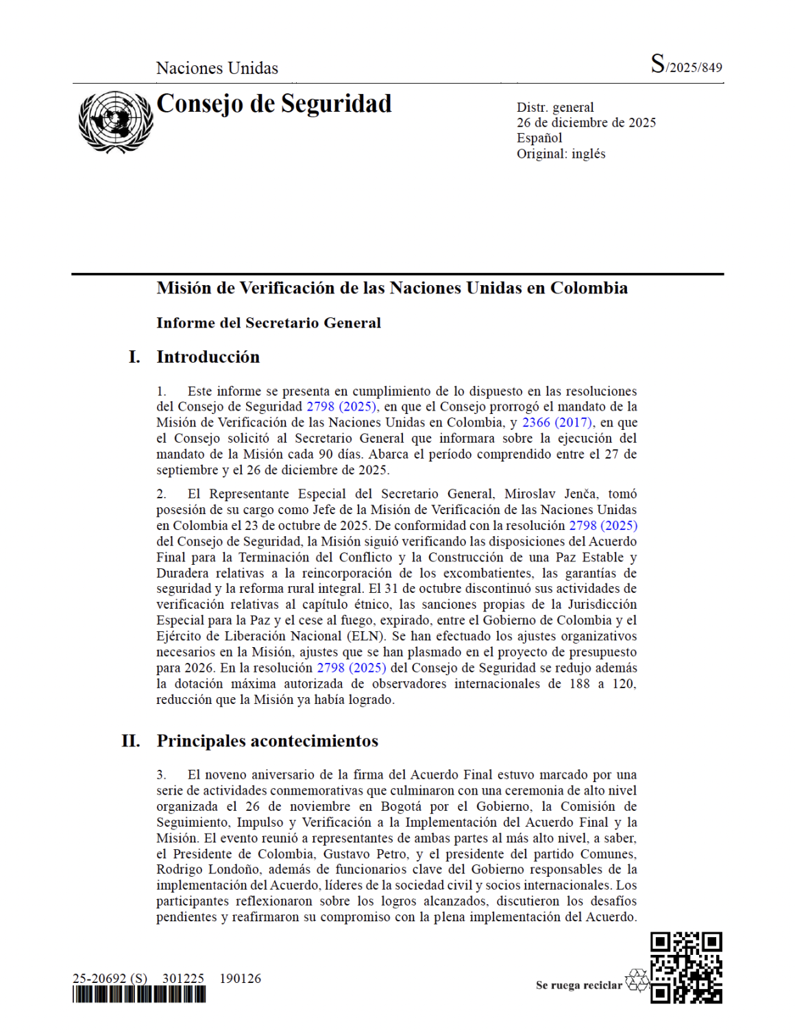 Informe Trimestral del Secretario General sobre la Misión de Verificación de la ONU en Colombia S/2025/849